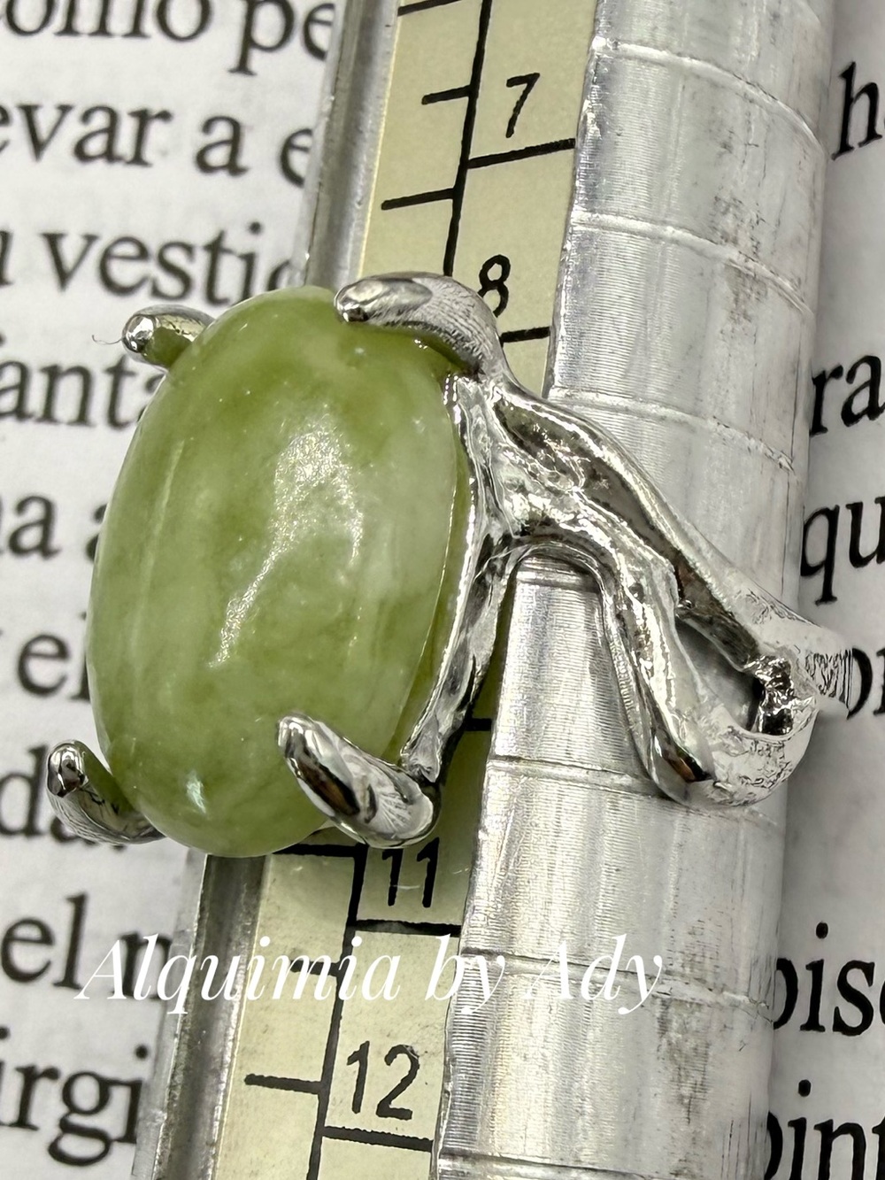 Olive Green Jade Oval Ring in Silver Setting